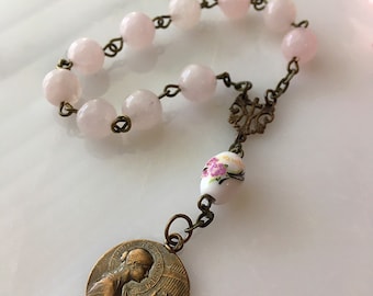 Bronze St. Cecilia Pocket Rosary, Pink Saint Cecilia Single Decade Rosary, Pink Jade Rosary Chaplet, Vintage Style Floral Rosary