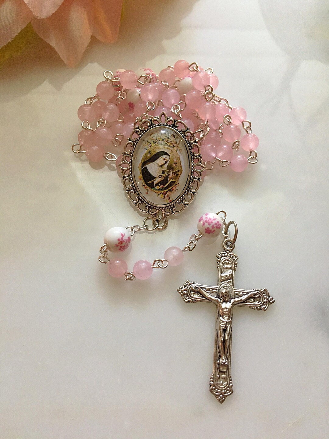 Handmade Pink Rose Quartz St. Rita of Cascia Rosary Beads, Pink Ceramic ...