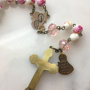 St. Thérèse Bronze Pink Floral Ceramic Bead Rosary, Pink Rose Little Flower Catholic Rosary Beads, Vintage French Style Rosary image 7