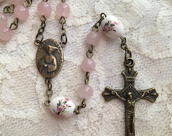 St. Catherine Laboure Rosary, Pink Rose Quartz Saint Catherine Rosary, Miraculous Medal, Bronze Vintage French Style Rosary, Floral Rosary