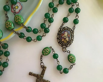 Bronze St. Brigid Rosary, Green Shamrock Saint Brigit Rosary, Brigid of Kildare, St. Brigid Cross Rosary