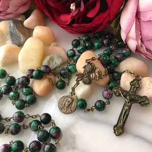 Bronze St. Mary Magdalene Rosary with Rose Center, Ruby Zoisite Green Jasper Gemstone Vintage French Style Catholic Rosary Beads, 8mm