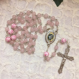 Handmade Pink Rose Quartz St. Rita of Cascia Rosary Beads, Pink Ceramic Floral Bead Saint Rita Rosary, Flower Rosary