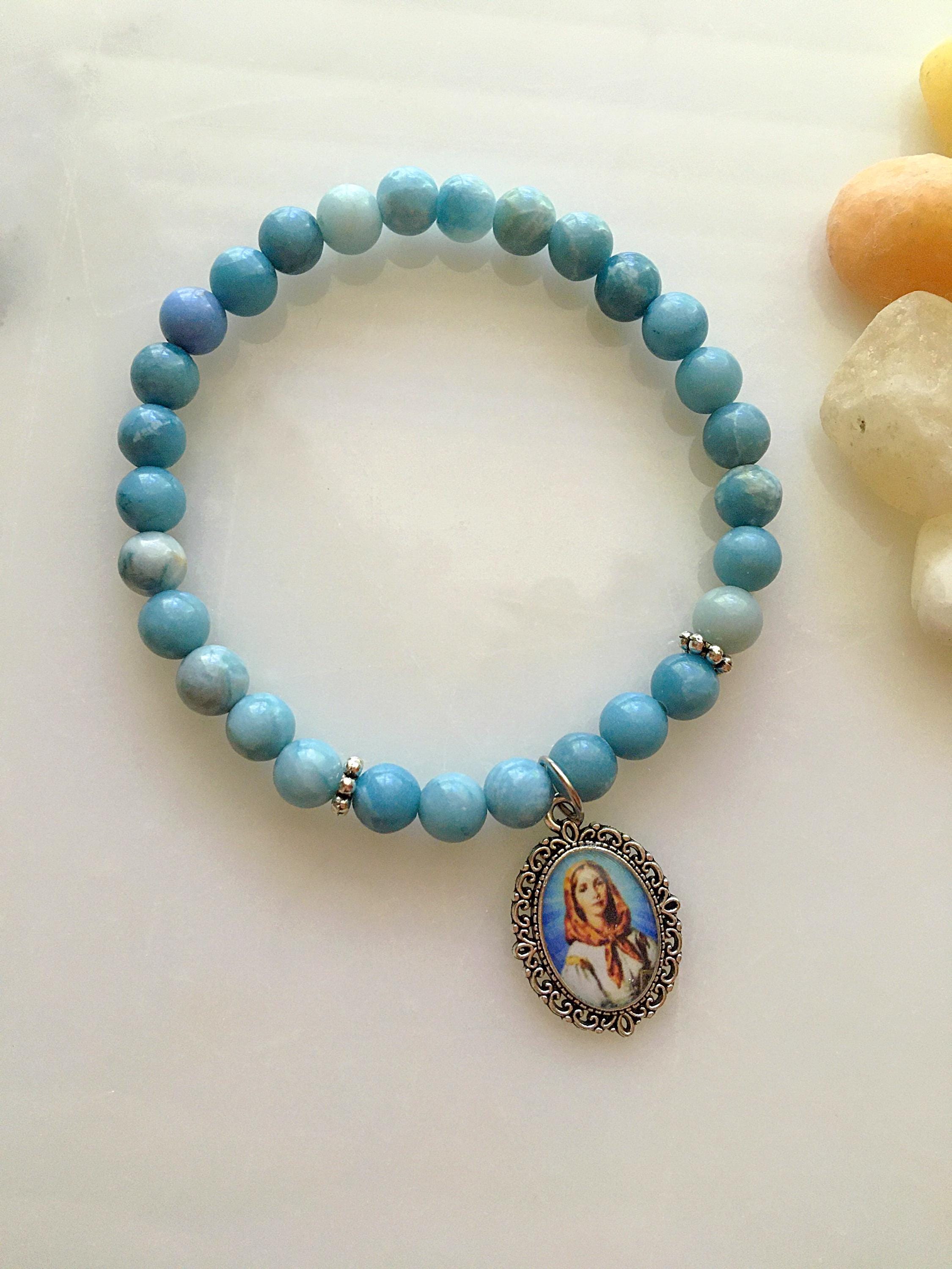 St. Dymphna Bracelet, Blue Quartz Saint Dymphna Stretch Bracelet, Catholic Gifts, Irish Saint, Patron Saint Jewelry, Mental Health Saint