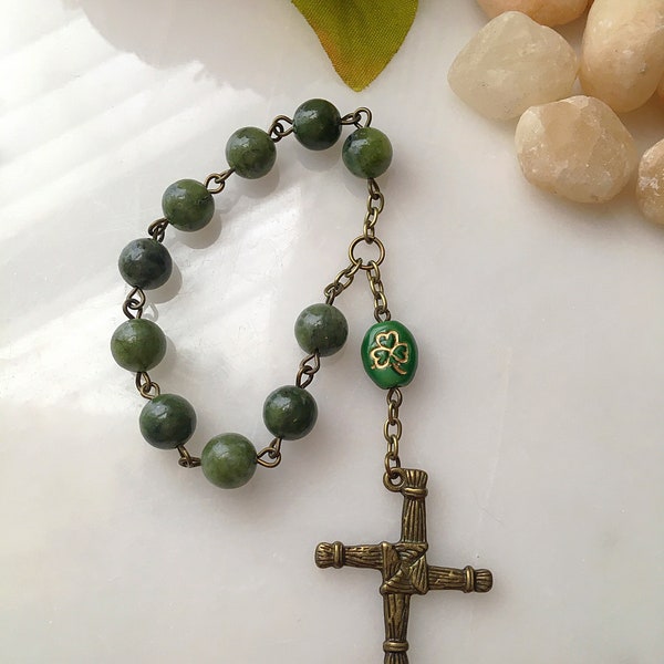 Connemara Marble Pocket Rosary with St. Brigid Cross, Green Shamrock Rosary, Irish Rosary, Celtic Rosary, St. Bridget of Kildare Rosary