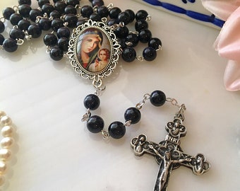 Blessed Mother & Child Jesus Rosary, Icon Rosary, Byzantine Catholic Rosary, Eternal Bloom Icon, Blue Goldstone Rosary