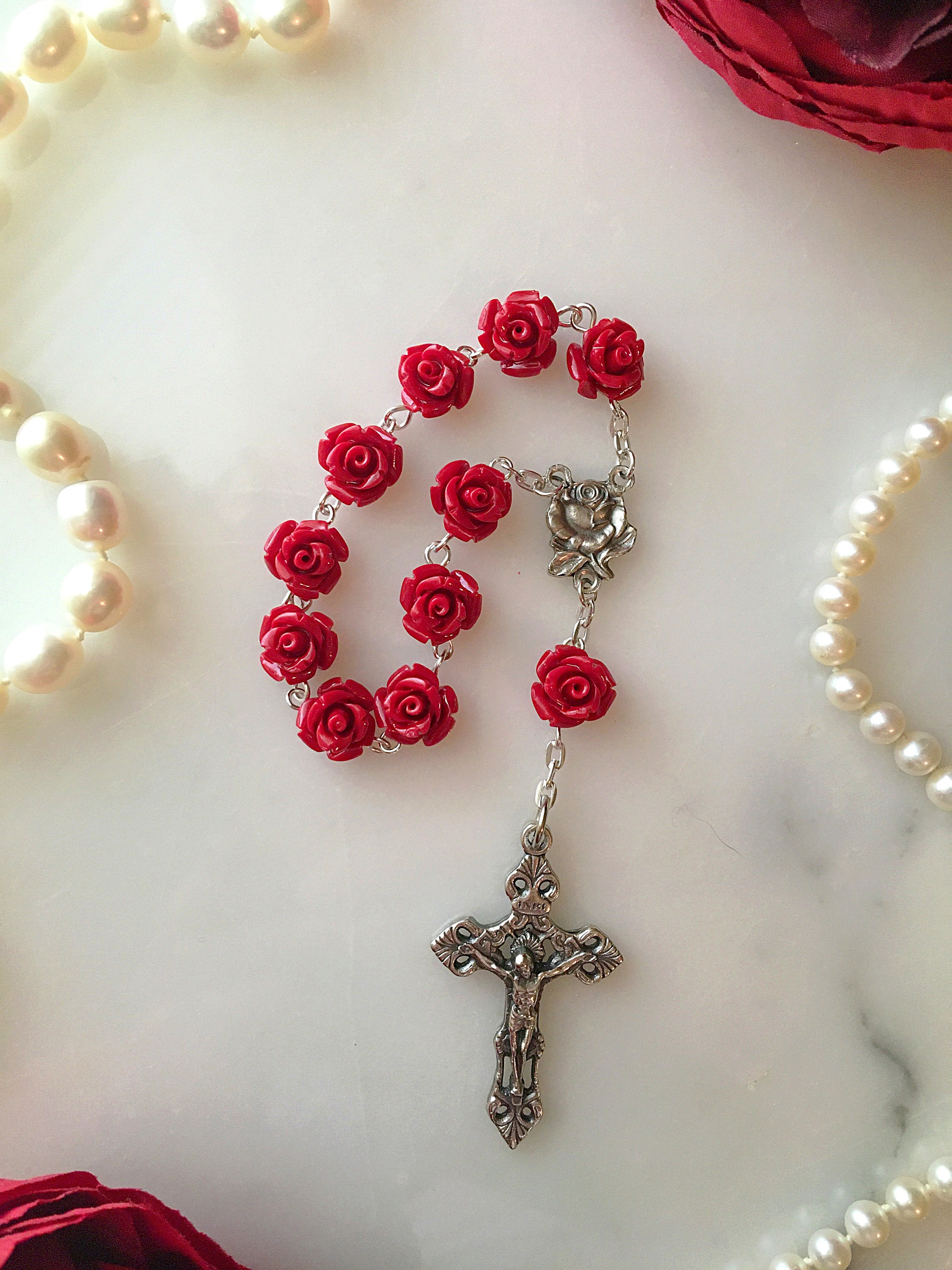 Rose Rdery Red Rose Pocket Rosary, Single Decade Red Rose Rosary With Fleur De Lis ...