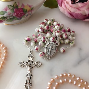 Pink Floral Rosary, Ceramic Flower Bead Rosary, Vintage Style Miraculous Medal Rosary, Chinoiserie Rosary