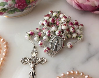 Pink Floral Rosary, Ceramic Flower Bead Rosary, Vintage Style Miraculous Medal Rosary, Chinoiserie Rosary