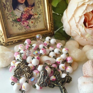 St. Thérèse Bronze Pink Floral Ceramic Bead Rosary, Pink Rose Little Flower Catholic Rosary Beads, Vintage French Style Rosary image 8