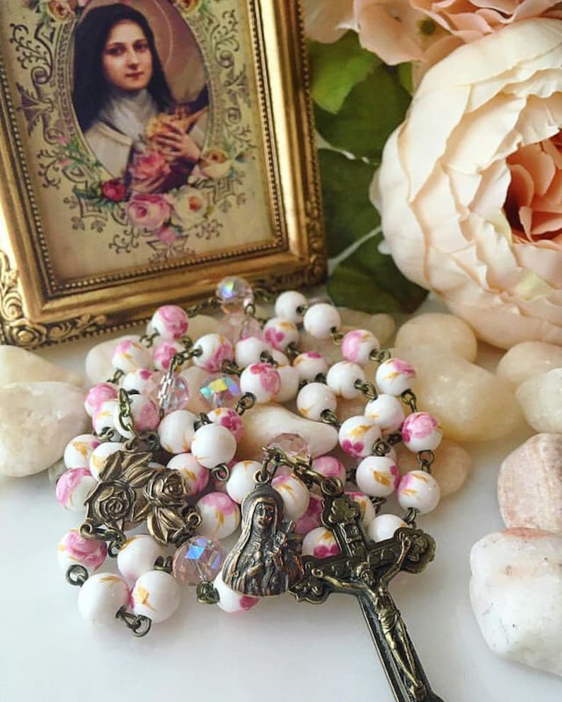 St. Thérèse Bronze Pink Floral Ceramic Bead Rosary, Pink Rose Little Flower Catholic Rosary Beads, Vintage French Style Rosary image 8