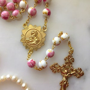 Pink Rose Rosary Beads, Floral Rosary, Porcelain Flower Rosary, Gold Sunflower Rosary, Vintage French Style Rosary