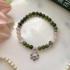 Connemara Marble Claddagh Bracelet, Connemara Marble & Rose Quartz Bracelet, Celtic Bracelet, Claddagh Jewelry, Irish Love Knot Bracelet