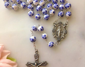 Blue & White Floral Miraculous Medal Rosary, Blue China Ceramic Porcelain Bead Blessed Virgin Mary Traditional Rosary, Our Lady Of Grace