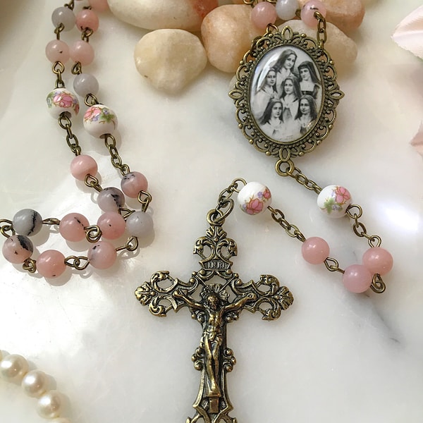 Pink Floral St. Therese Rosary, Saint Therese with her Sisters Rosary, Pink Jade Opal Rosary, Little Flower Rosary, Martin Sisters Rosary