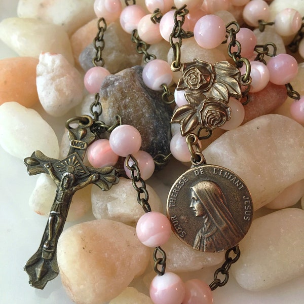 Pink Mother of Pearl Bronze St. Thérèse Rosary, Rose Center Vintage French Style Traditional Catholic Rosary Beads, Little Flower Of Jesus