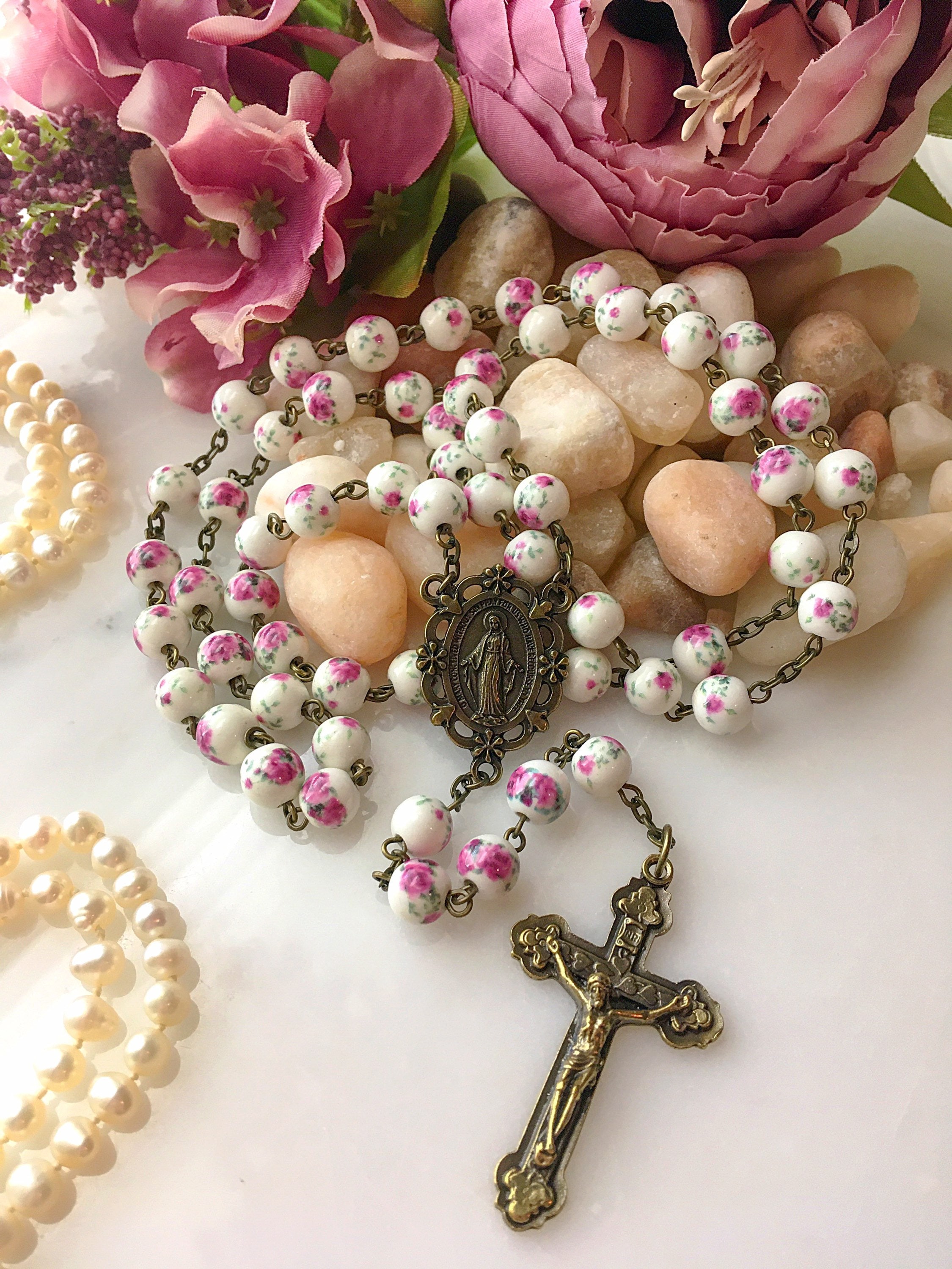 Bronze Pink Floral Rosary, Ceramic Pink Roses Catholic Rosary