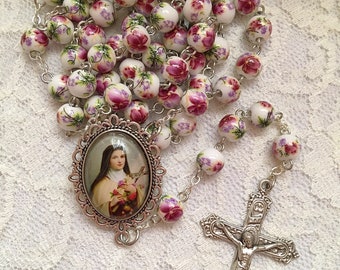 Handmade Ceramic Floral Bead St. Thérèse Rosary, Pink & White Flower Bead Vintage Style Saint Therese Little Flower Catholic Rosary