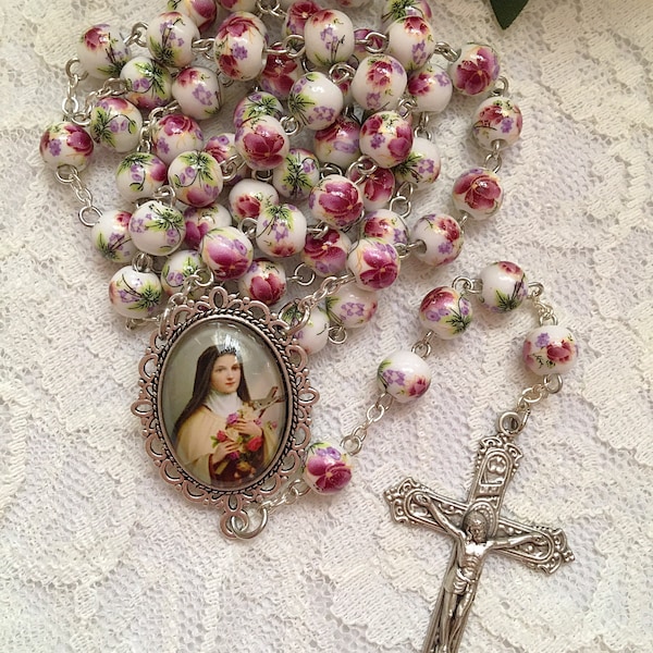 Handmade Ceramic Floral Bead St. Thérèse Rosary, Pink & White Flower Bead Vintage Style Saint Therese Little Flower Catholic Rosary