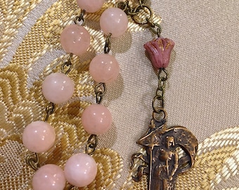 Bronze Single Decade Saint Joan of Arc Rosary made with 8mm Pink Jade Beads, Vintage French St. Joan Pocket Rosary with Czech Glass Lily
