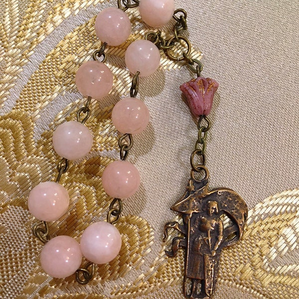 Bronze Single Decade Saint Joan of Arc Rosary made with 8mm Pink Jade Beads, Vintage French St. Joan Pocket Rosary with Czech Glass Lily