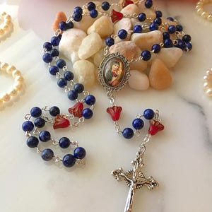 Our Lady of Perpetual Help Rosary, Blue Lapis Lazuli Rosary, Vintage Style Cameo Rosary, Red Czech Glass Floral Bead Rosary