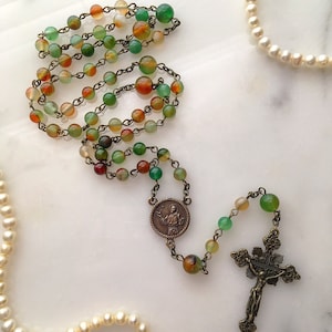 Bronze St. Francis Rosary, Green Multi Color Agate Saint Francis of Assisi Rosary Beads, Vintage Style Patron Saint Rosary