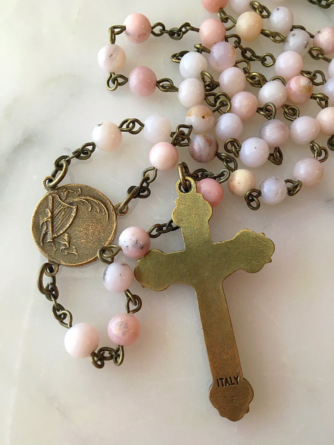 Handmade Pink Opal St Cecilia Bronze Rosary Traditional Etsy