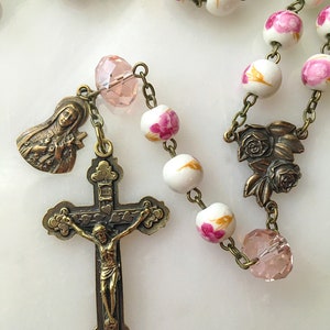 St. Thérèse Bronze Pink Floral Ceramic Bead Rosary, Pink Rose Little Flower Catholic Rosary Beads, Vintage French Style Rosary image 4