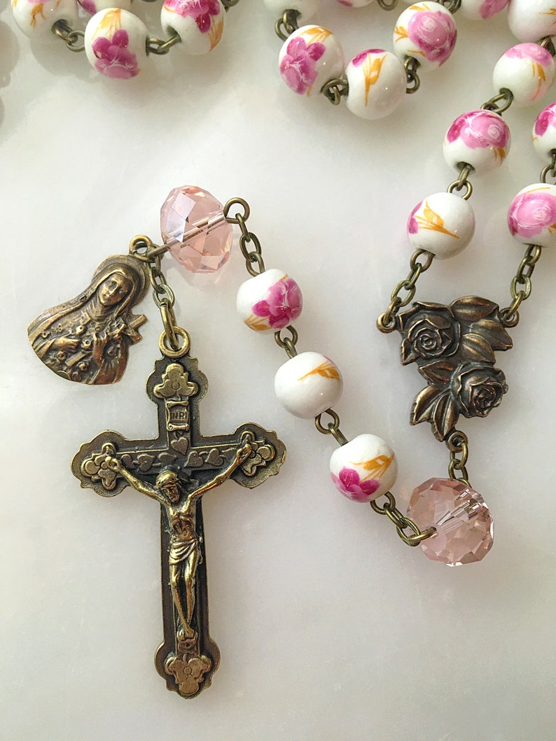 St. Thérèse Bronze Pink Floral Ceramic Bead Rosary, Pink Rose Little Flower Catholic Rosary Beads, Vintage French Style Rosary image 4