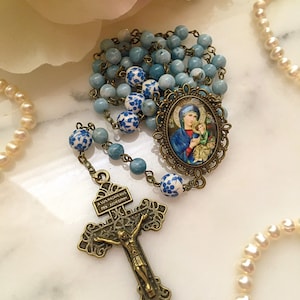 Bronze Our Lady of Perpetual Help Rosary, Blue Quartz Rosary, Vintage Style Cameo Rosary, Ceramic Floral Bead Rosary