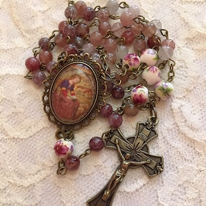 Bronze St. Genevieve Pink Quartz Gemstone Rosary, Ornate Vintage Style French Floral Rose Ceramic Bead Catholic Rosary Beads