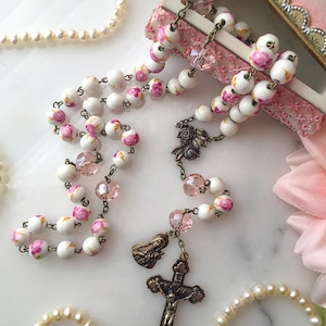 St. Thérèse Bronze Pink Floral Ceramic Bead Rosary, Pink Rose Little Flower Catholic Rosary Beads, Vintage French Style Rosary image 2