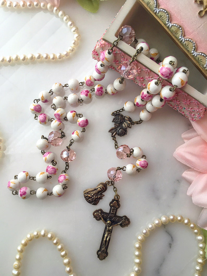 St. Thérèse Bronze Pink Floral Ceramic Bead Rosary, Pink Rose Little Flower Catholic Rosary Beads, Vintage French Style Rosary image 2