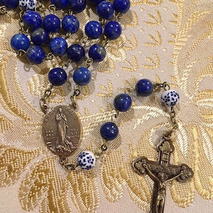 Bronze Lapis Lazuli Stella Maris Rosary, Blue Lapis Rosary With Ceramic Floral Our Father Beads, Blue Star of The Sea Virgin Mary Rosary