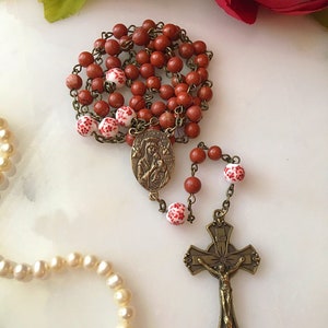 Bronze Our Lady Of Perpetual Help Red Jasper Rosary, 6mm Red Gemstone Vintage Style Catholic Rosary, Floral Ceramic Bead Rosary