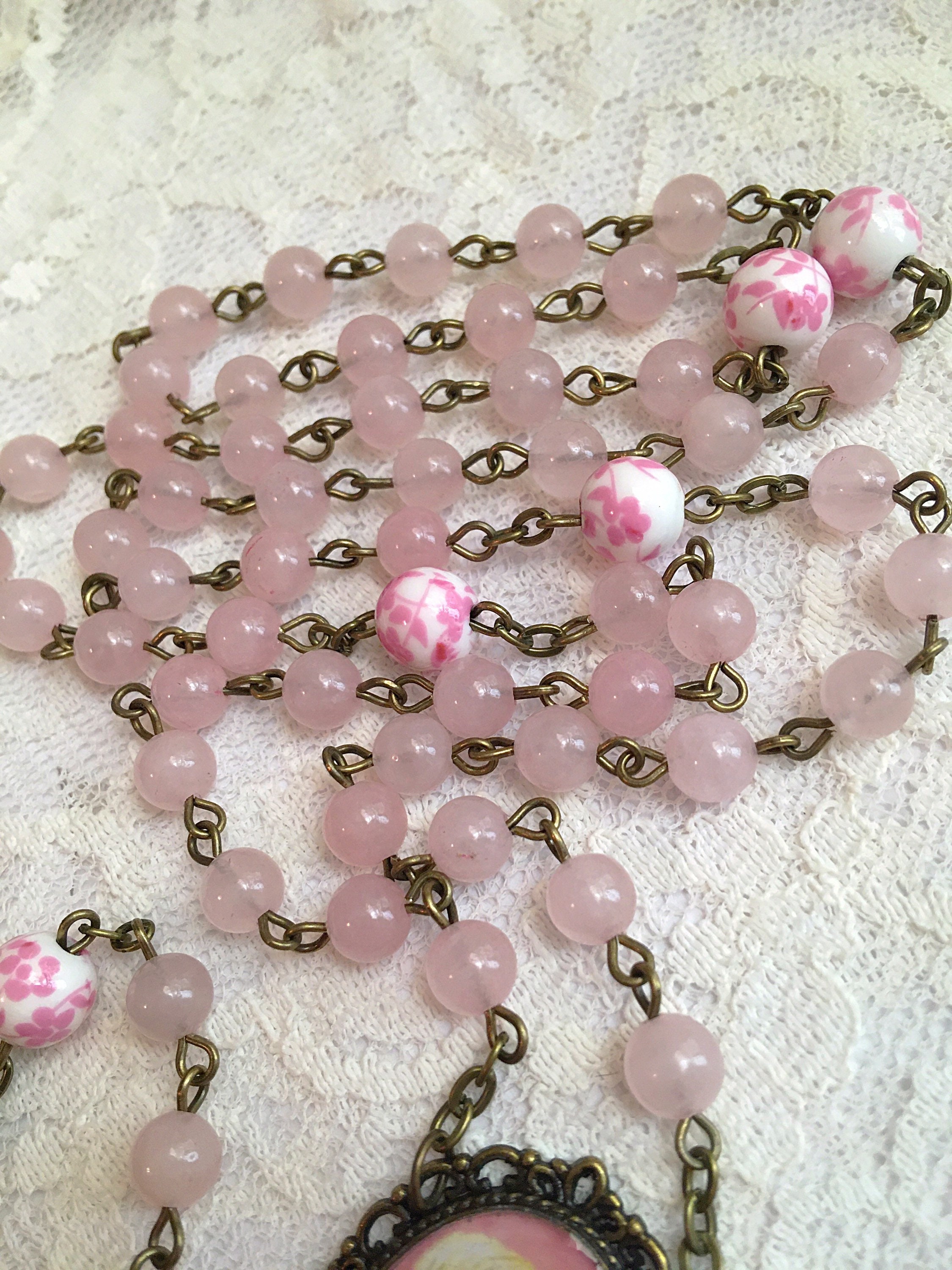Miraculous medal floral porcelain rosary beads with rose quartz