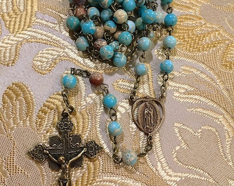 Bronze Our Lady of Guadalupe Rosary beads, 6mm Turquoise Jasper Vintage Style Our Lady Of Guadalupe Rosary, Virgin Mary Heart Center Rosary
