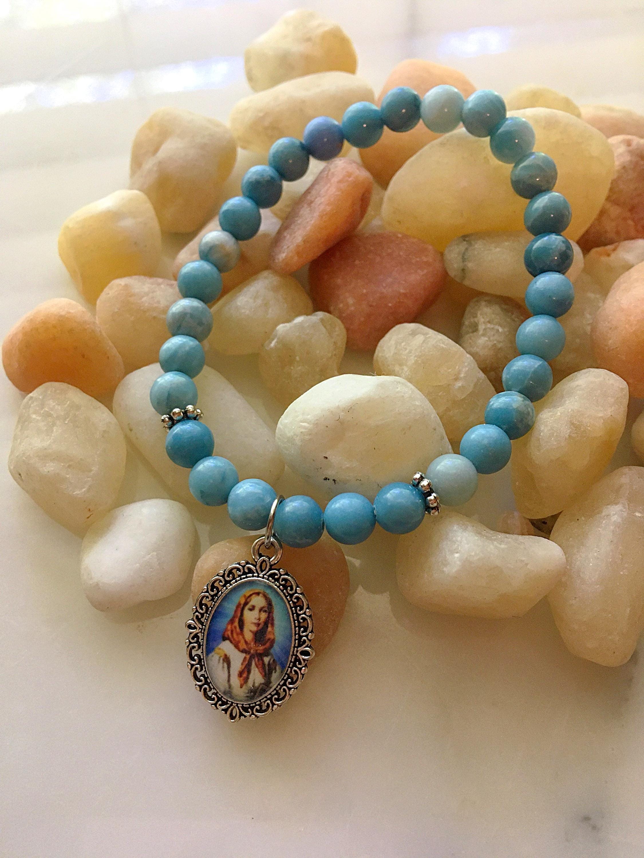 St. Dymphna Bracelet, Blue Quartz Saint Dymphna Stretch Bracelet, Catholic Gifts, Irish Saint, Patron Saint Jewelry, Mental Health Saint