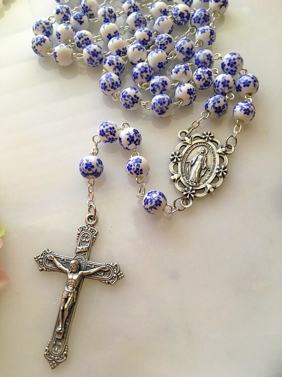 Blue & White Floral Miraculous Medal Rosary, Blue China Ceramic