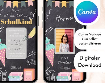 Digitale Einschulung Einladung eCard Canva Template Download