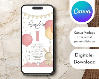 Digitale Kindergeburtstag Einladung eCard Canva Template Download