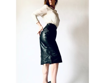 vintage leather pencil skirt 1980s high waist black skirt