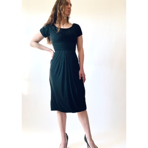 1950s dress vintage 50s ruched bodice draped skirt fitted dress w24 lbd image 1