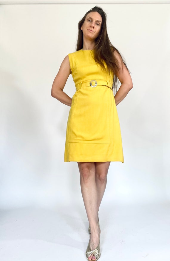 1960s dress vintage 60s yellow linen empire waist… - image 2