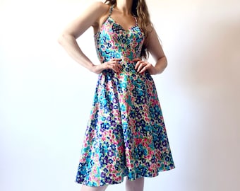 1970s dress vintage 60s 70s cotton floral dress halter style