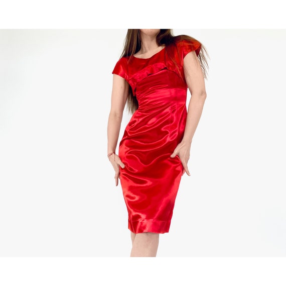 1950s dress vintage 50s red liquid satin sheath w… - image 1