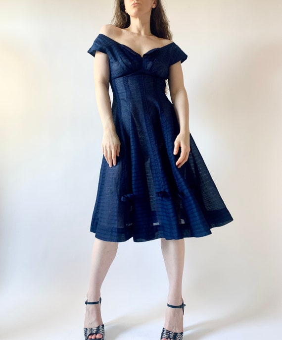 1950s dress vintage 50s sheer linen navy dress - image 2