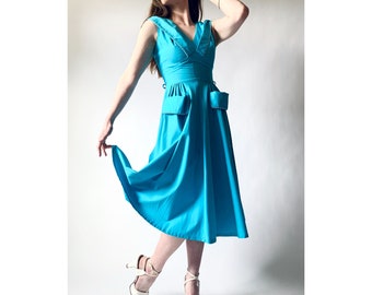 vintage 1950s linen dress 50s fitted waist dress with dirndl skirt w28