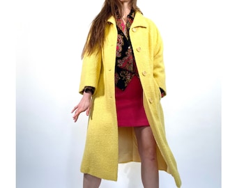 vintage 1960s wool bouclé coat 60s canary yellow swing coat